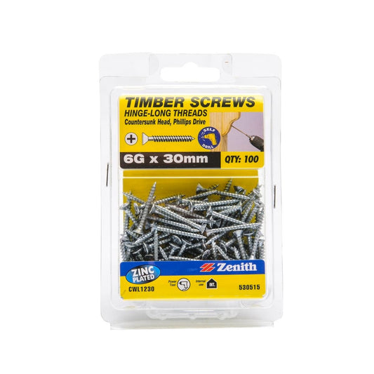 Zenith Timber Screws - 6g x 30mm - Zinc Plated - 100 Pack - Countersunk Head
