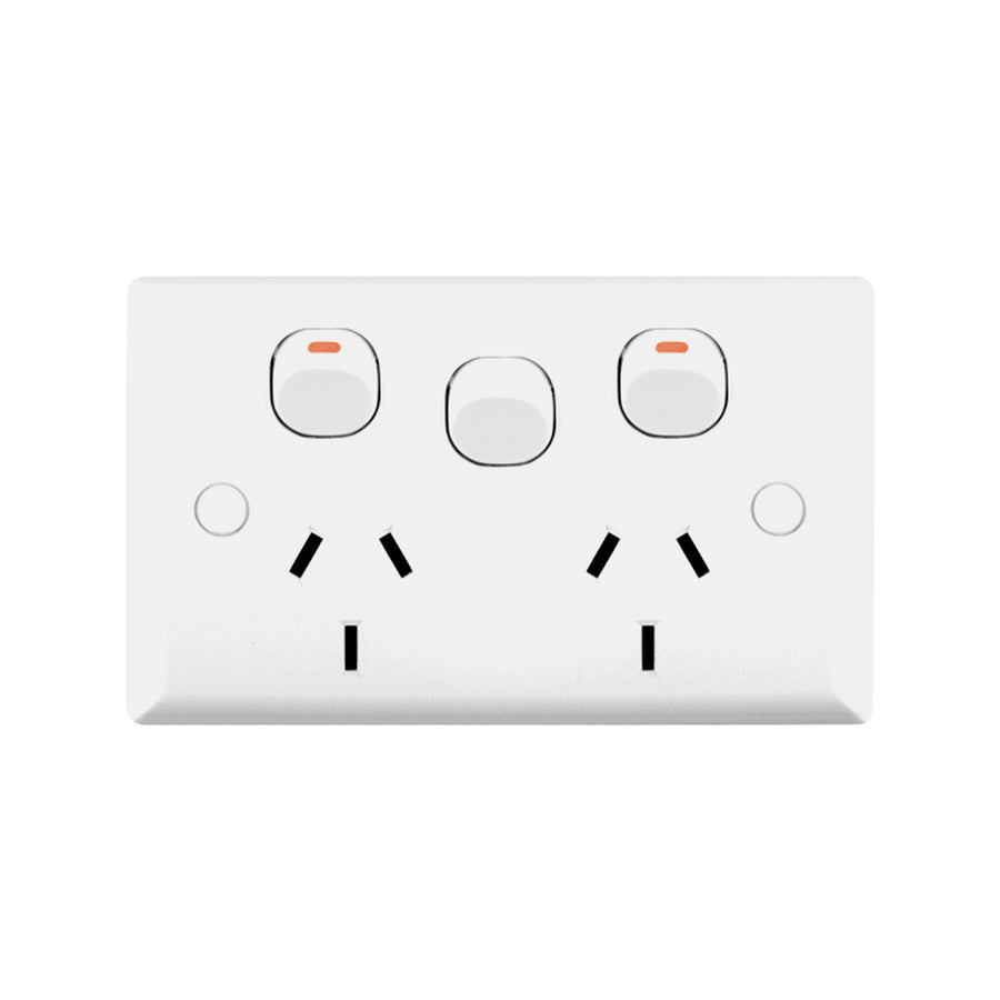 DETA White Solid Plate Double Power Point with Extra Switch 250V 10A