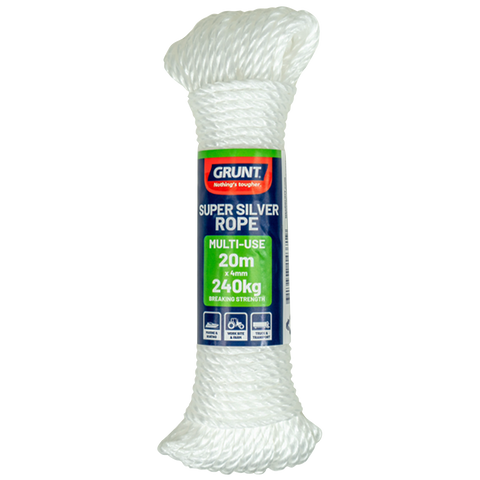 Grunt Super Silver 4mm x 20m Rope, White Twisted Polypropylene, Floats, 240kg Break Strength