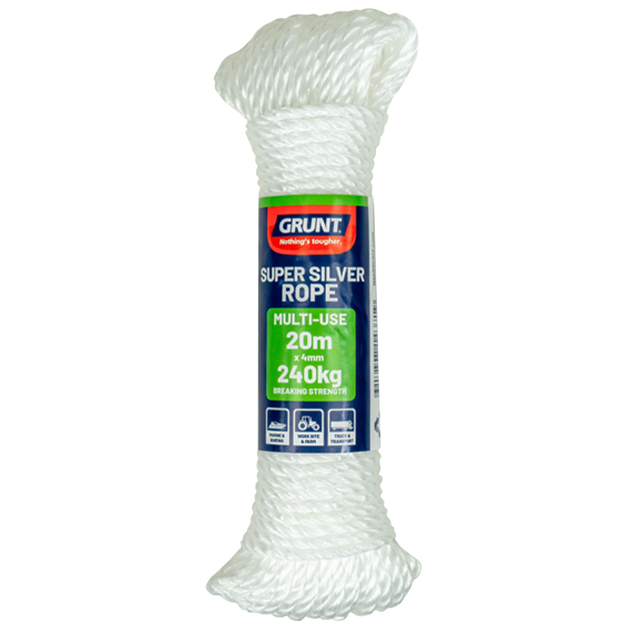 Grunt Super Silver 4mm x 20m Rope, White Twisted Polypropylene, Floats, 240kg Break Strength