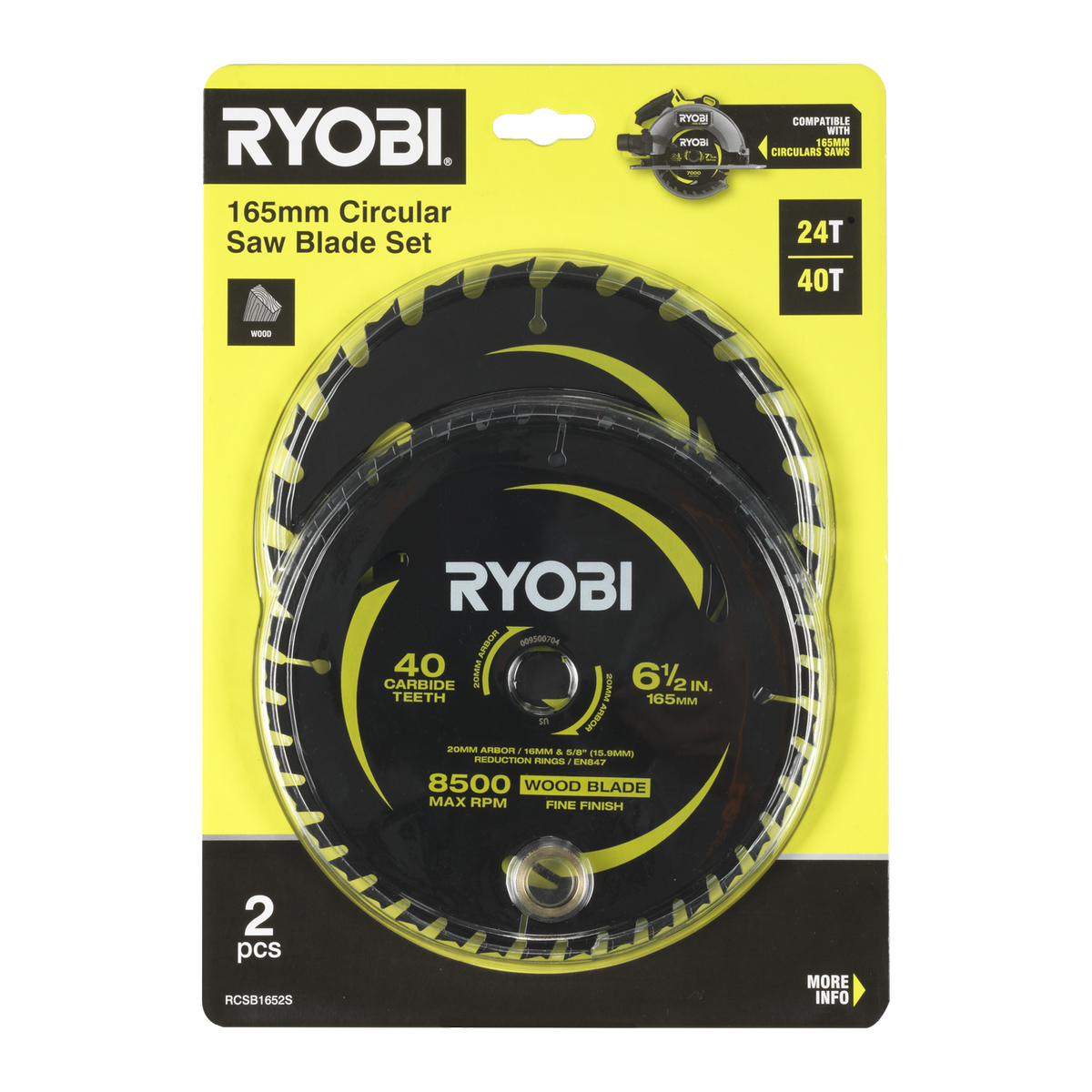 Ryobi Circular Saw Blade 2 Pack - 165mm 24T & 40T - Quick Cuts & Fine Finishes