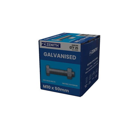 Zenith Hot Dip Galvanised Hex Head Bolts M10 x 50mm 25 Pack - SuperSaverAU - view 1