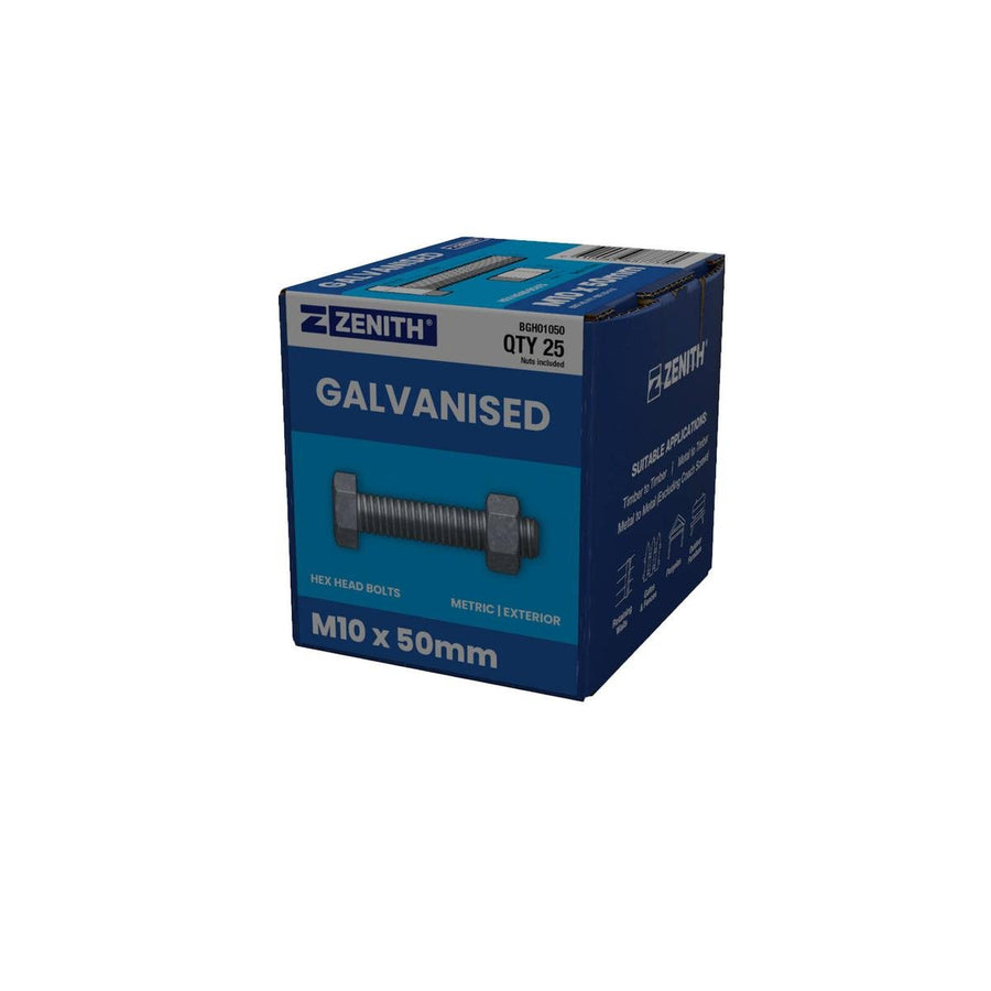 Zenith Hot Dip Galvanised Hex Head Bolts M10 x 50mm 25 Pack - SuperSaverAU - view 1