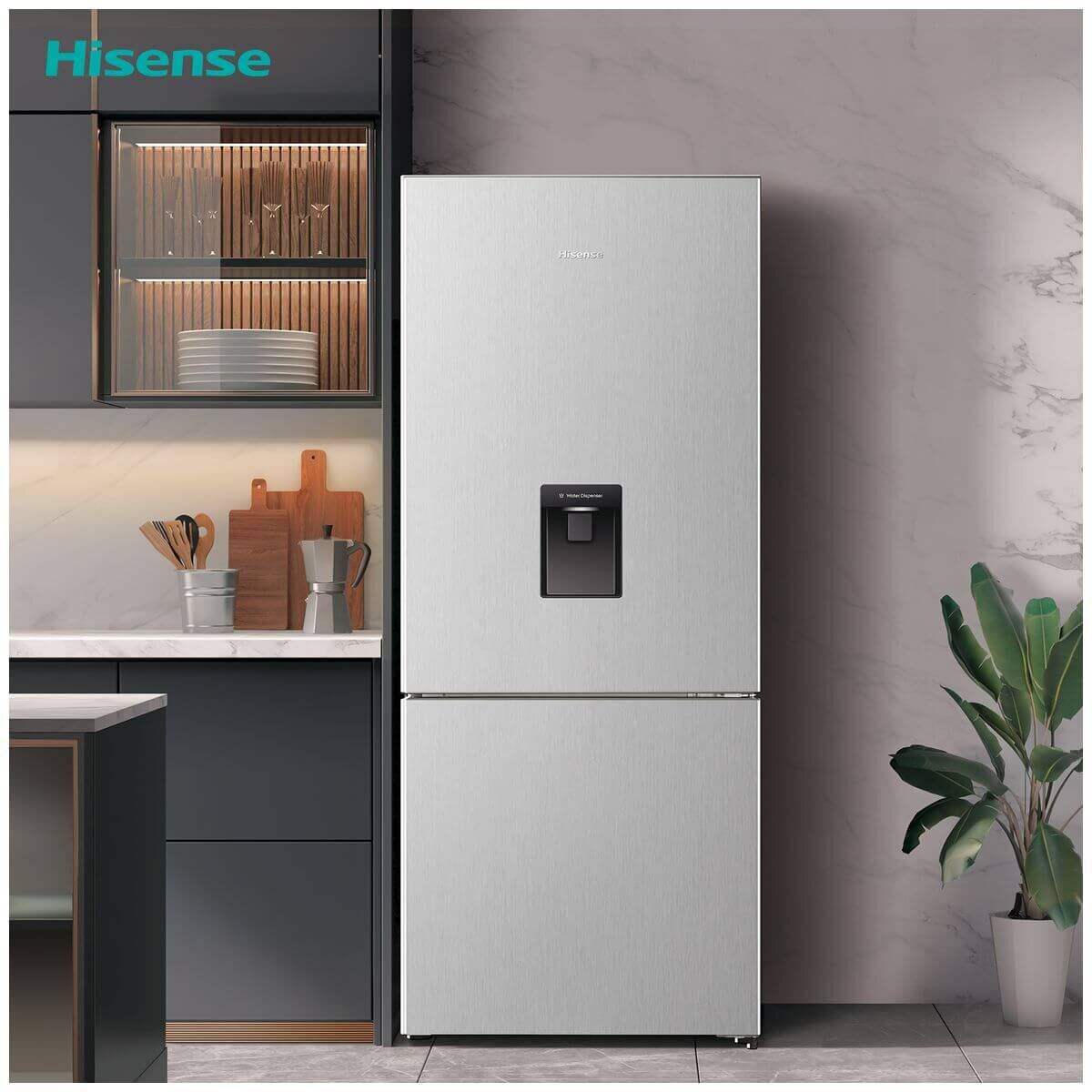 Hisense 415L Bottom Mount Fridge - Non-Plumbed Water Dispenser, Stainless Steel, 5 Star Energy - HRBM419SW