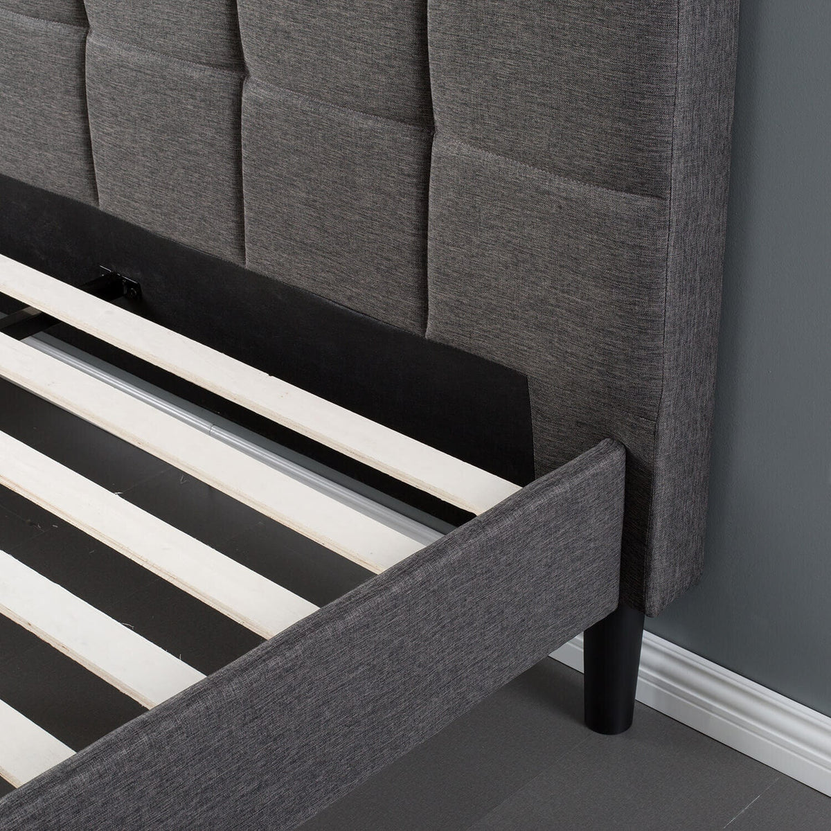 Zinus Lottie Deluxe queen upholstered bed frame - dark grey, slatted support, padded headboard - AU-FSPB-Q