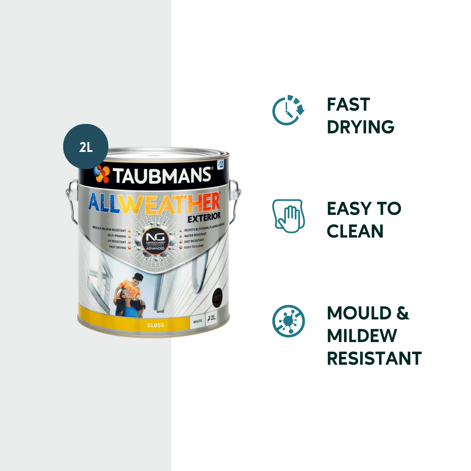 Taubmans 2L White Gloss All Weather Exterior Paint Water Based UV Resistant