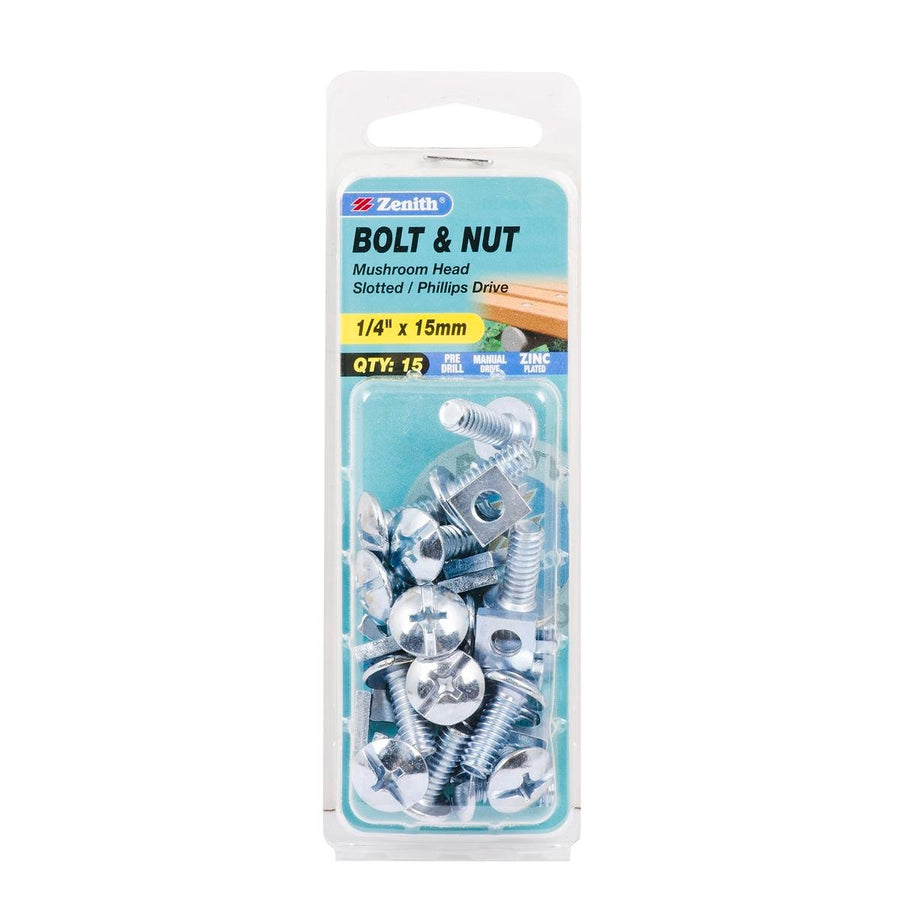 Zenith Mushroom Head Bolt - 1/4 x 15mm - 15 Pack - Zinc Plated - Internal Use - SuperSaverAU - view 1