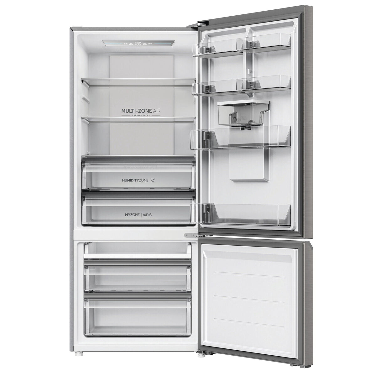 Haier 431L Bottom Mount Fridge - Non-Plumbed Water Dispenser, Satina Silver, Reversible Door - HRF420BHS