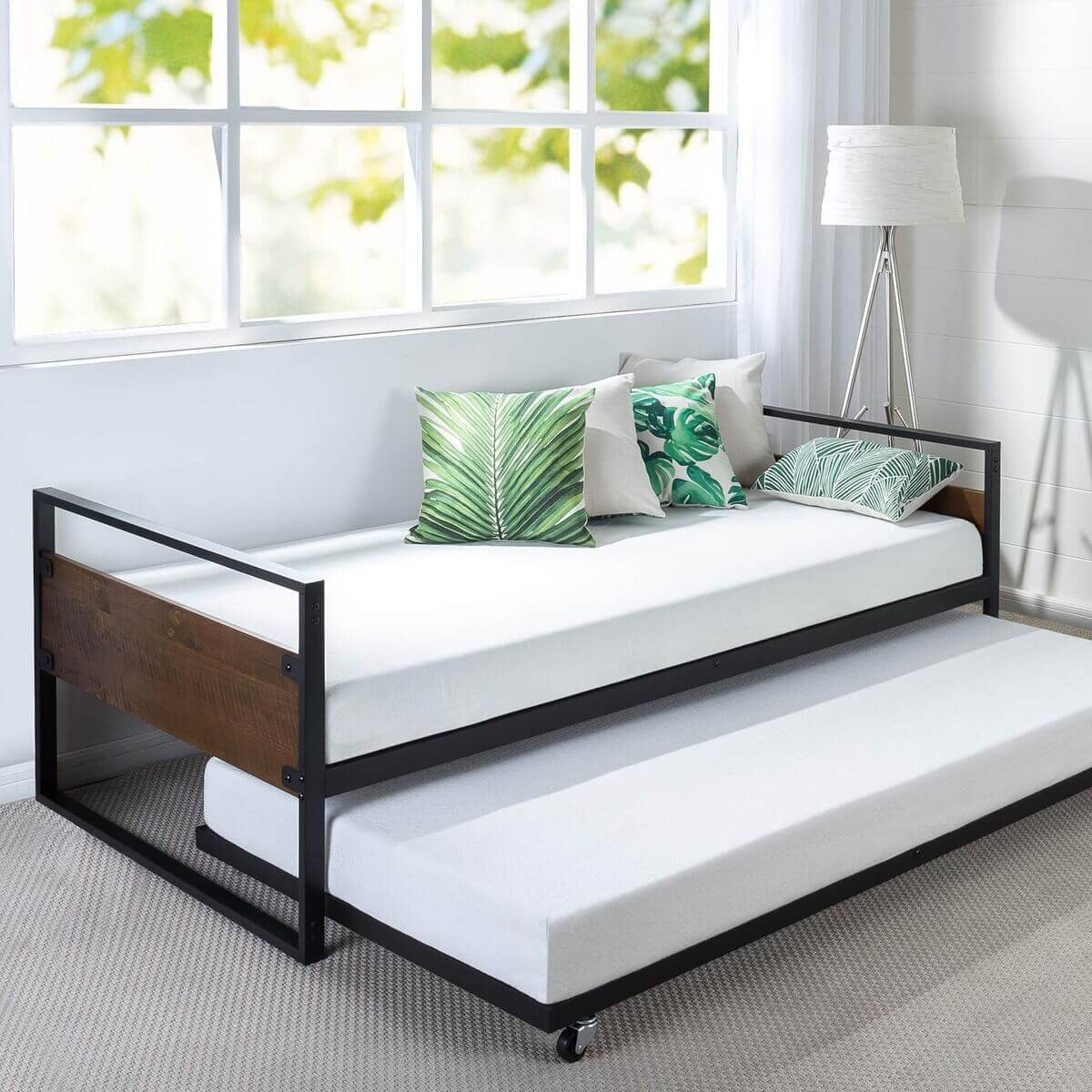 Zinus Ironline Single trundle bed frame set - black steel, daybed with hidden trundle - AU-IRDBS-39