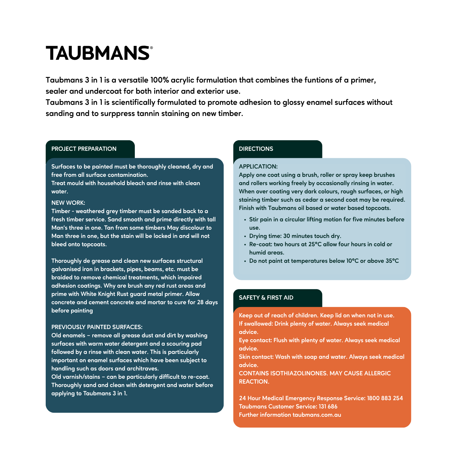 Taubmans 3 In 1 White Water Based Interior & Exterior Primer Undercoat Sealer 1L