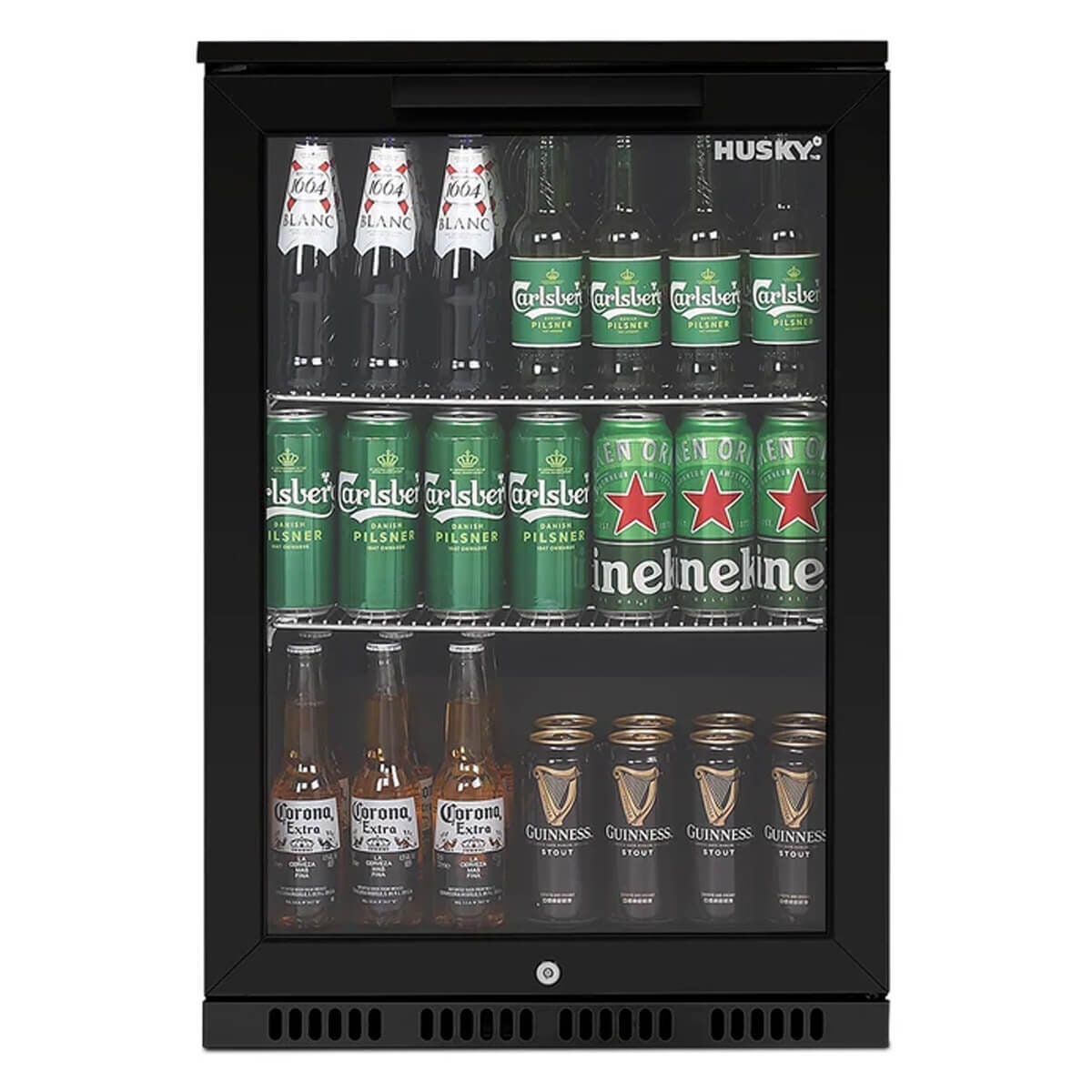 Husky 118L outdoor beverage fridge - black, lockable, anti-condensation glass door - ALFC1BLK840ELB