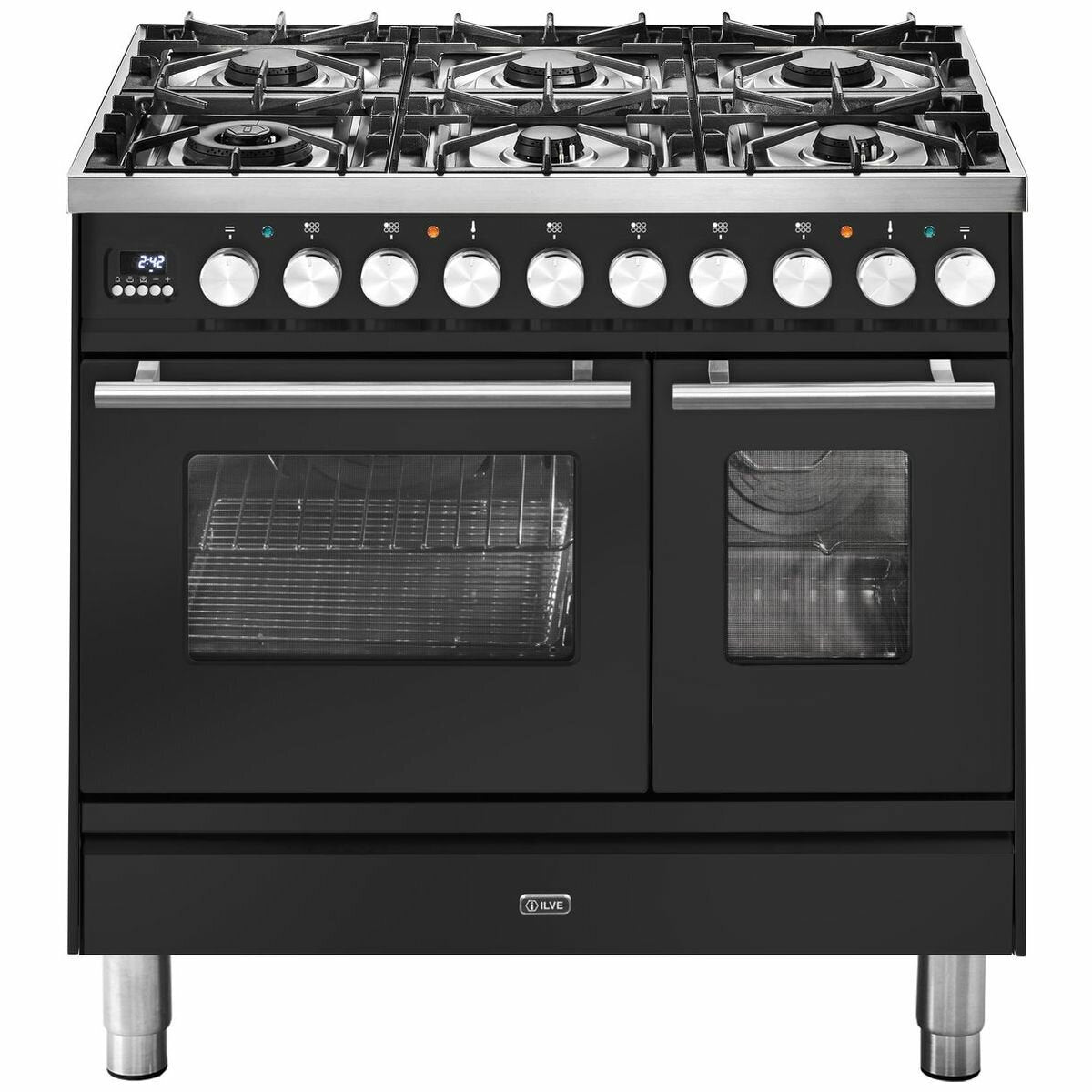 ILVE 90cm Dual Fuel Freestanding Double Oven - Teppanyaki Cooktop, 108L, Graphite Finish - PD09FDWE3MG