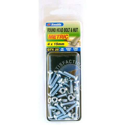 Zenith Zinc Plated Round Head Bolt and Nut 25 Pack - M4 x 15mm - Durable - SuperSaverAU - view 1
