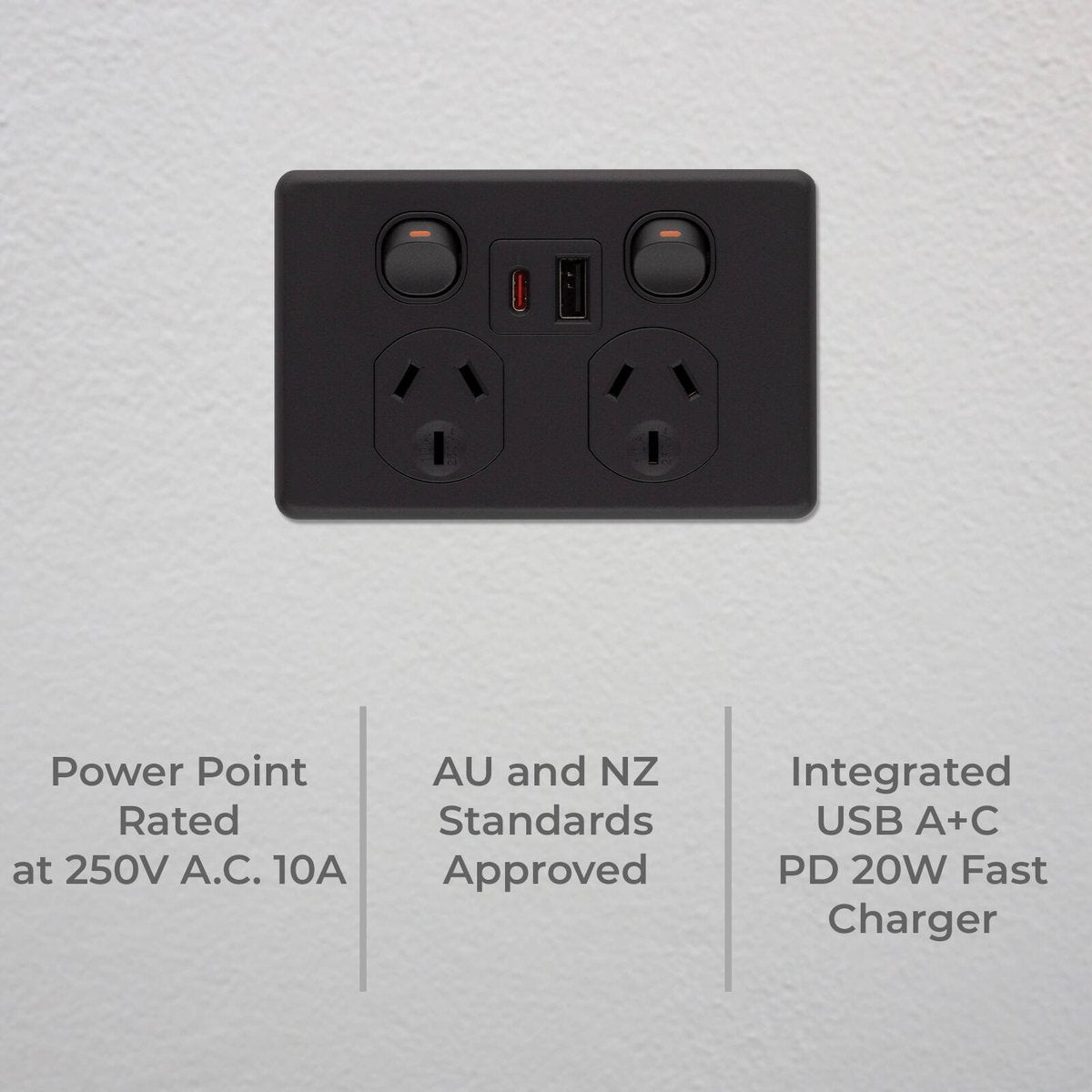 Deta x6 Double Power Point 50mm x 74mm x 115mm - Matte Black - USB A+C PD 20W Fast Charging - SuperSaverAU - view 2