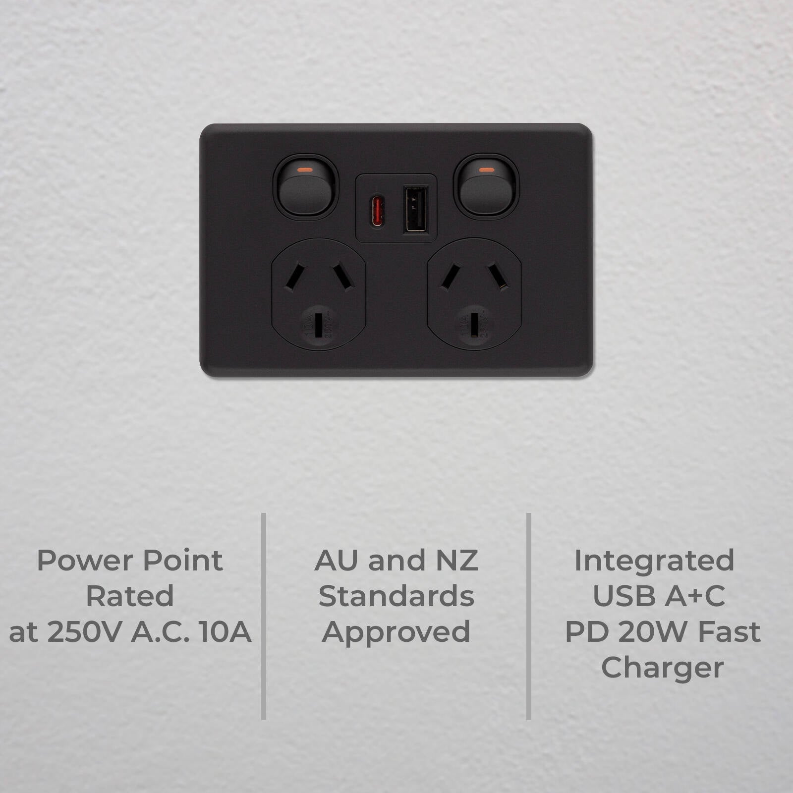 DETA X6 Double Power Point with USB-A & USB-C PD20W Fast Charging Matte Black Indoor