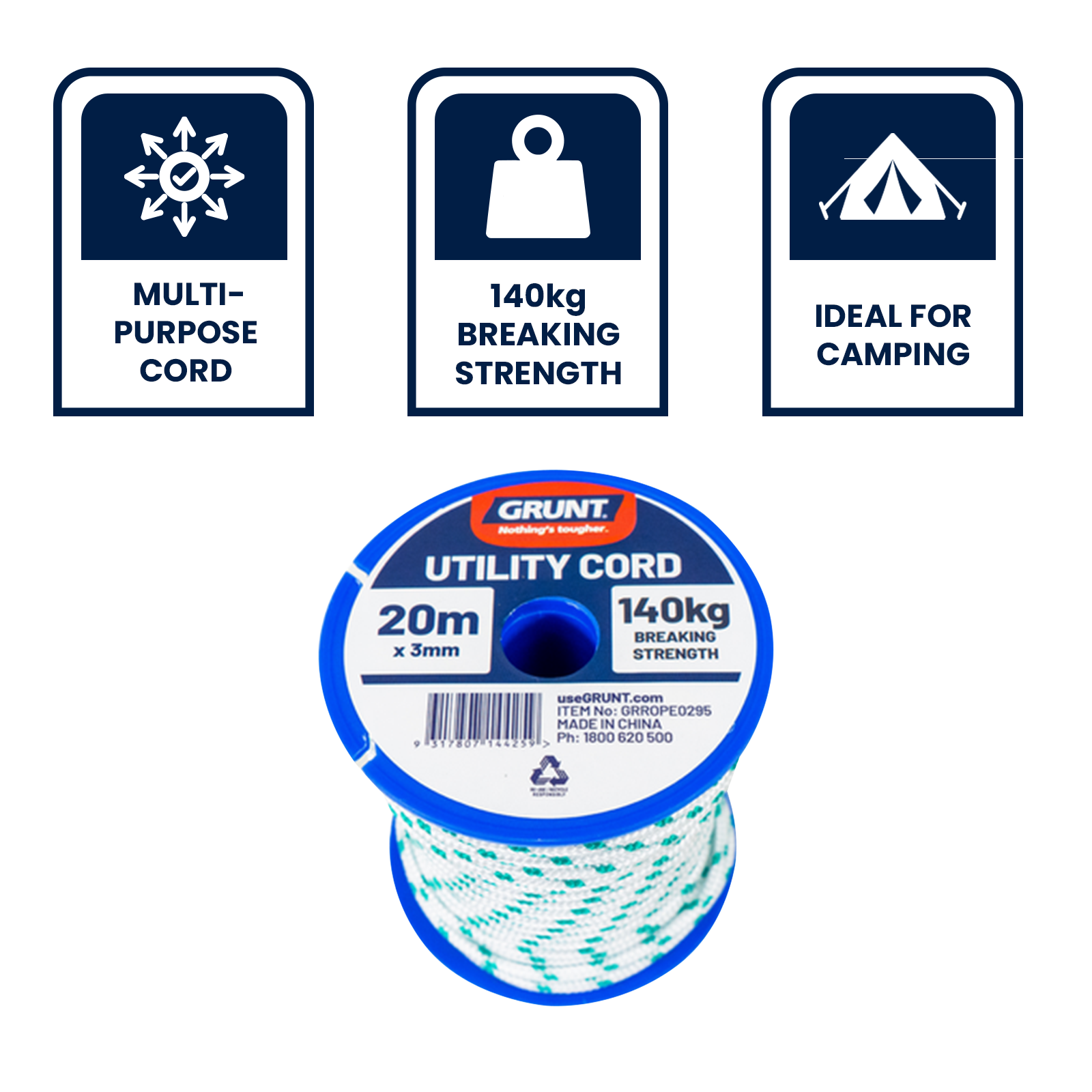 Grunt 3mm x 20m Multi-Purpose Utility Cord, Polypropylene, Floats, 140kg Break Strength