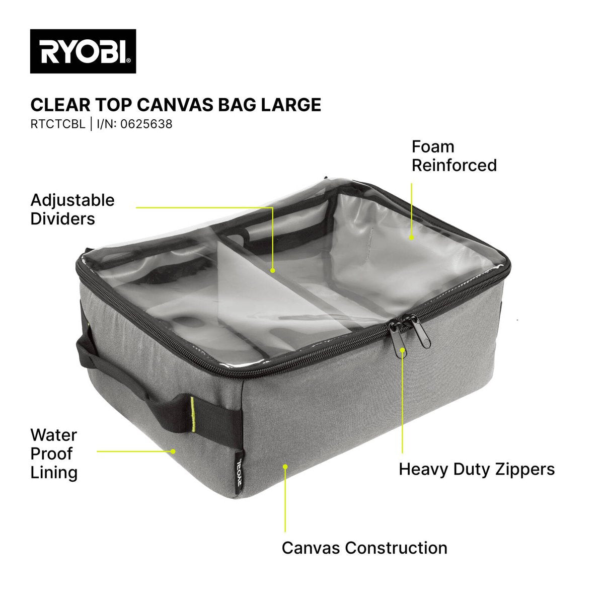 Ryobi Traxx Large Clear Top Canvas Bag - 340mm x 170mm x 460mm - Water-Resistant - SuperSaverAU - view 2