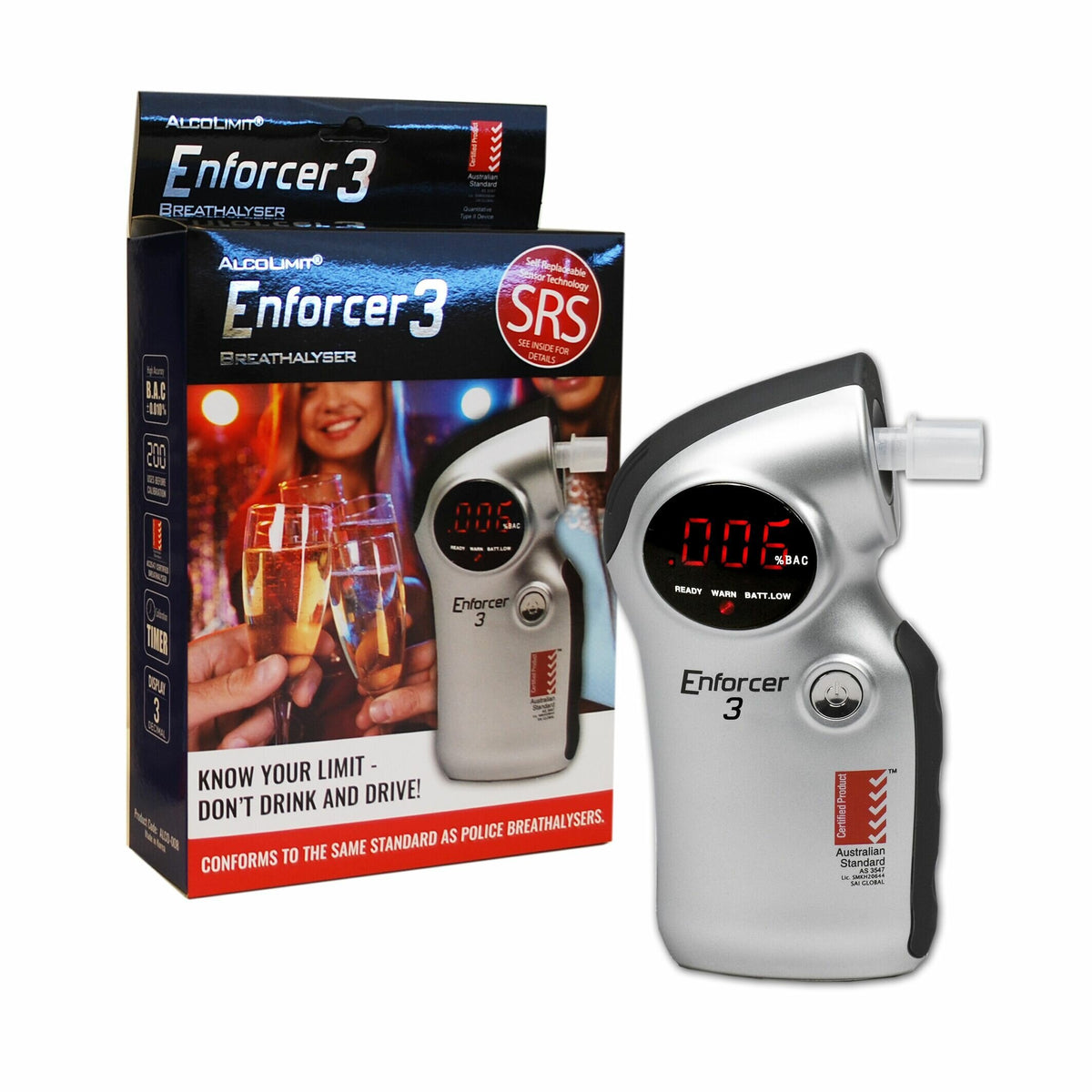 Alcolimit Enforcer 3 Breathalyser - AS3547 Certified, Fast and Normal Modes, 5 Mouthpieces - ALCO-008