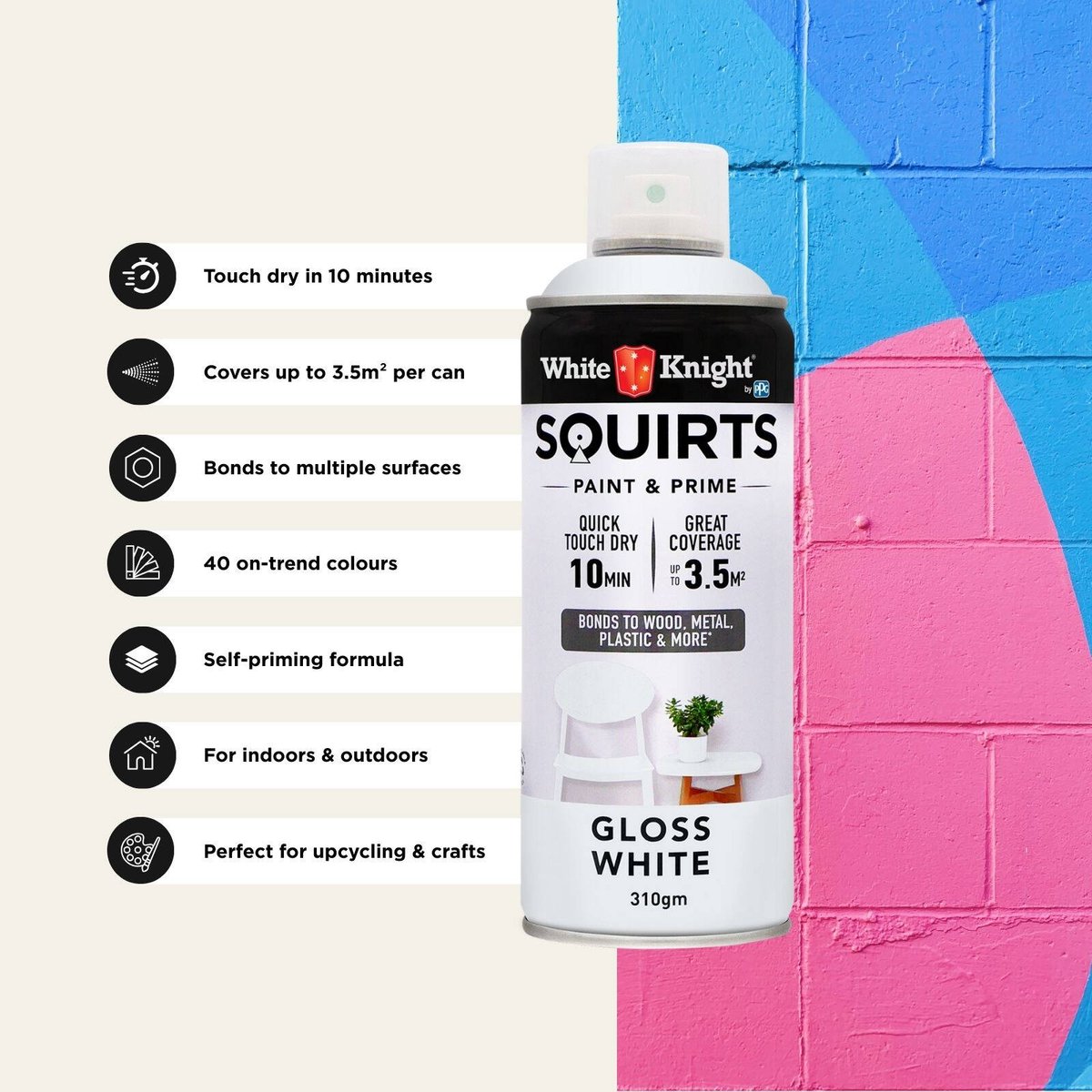 White Knight Squirts Gloss White Spray Paint 310g Quick-Dry Durable - SuperSaverAU - view 5