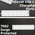Arlec 12 Outlet Surge Protected Powerboard 190mm x 30mm - White - PD20W USB Charging - SuperSaverAU - view 3