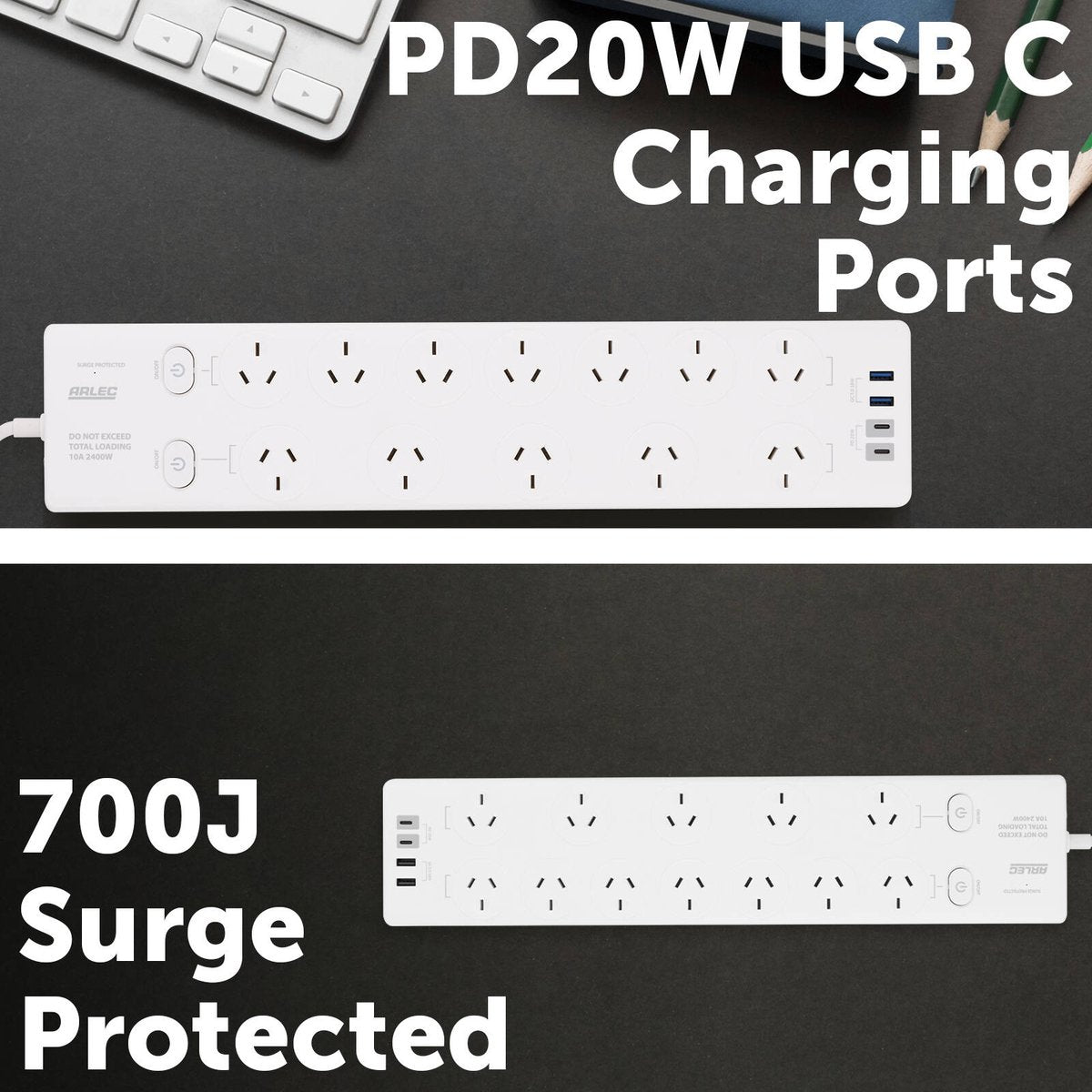 Arlec 12 Outlet Surge Protected Powerboard 190mm x 30mm - White - PD20W USB Charging - SuperSaverAU - view 3