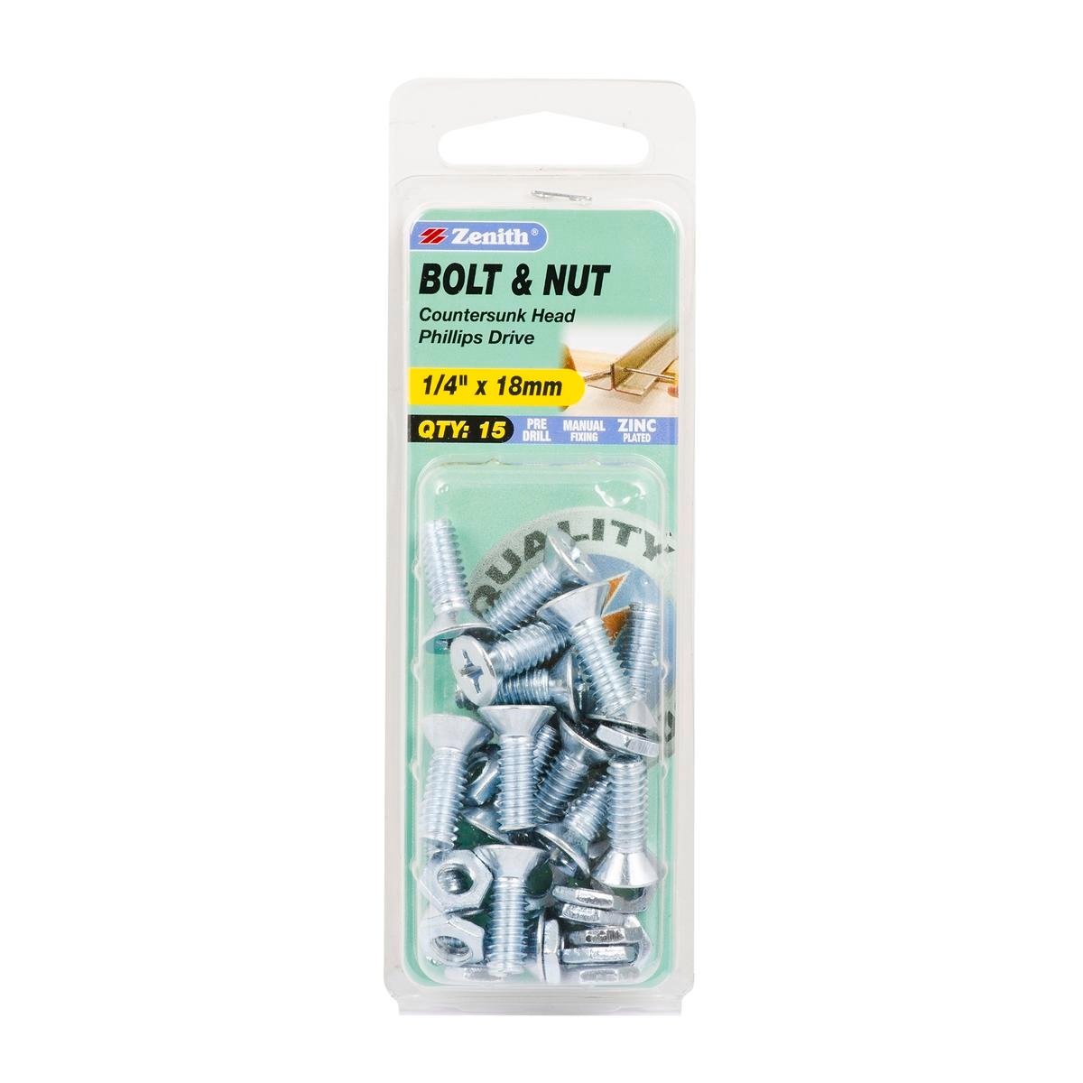 Zenith Countersunk Bolt & Nut - 1/4 x 18mm - Zinc Plated - Flush Finish - 15 Pack - SuperSaverAU - view 1