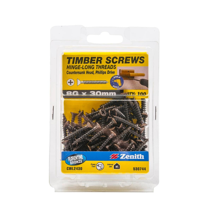 Zenith Hinge Long Thread Screw - 8g x 30mm - Florentine Bronze - 100 Pack - SuperSaverAU - view 1