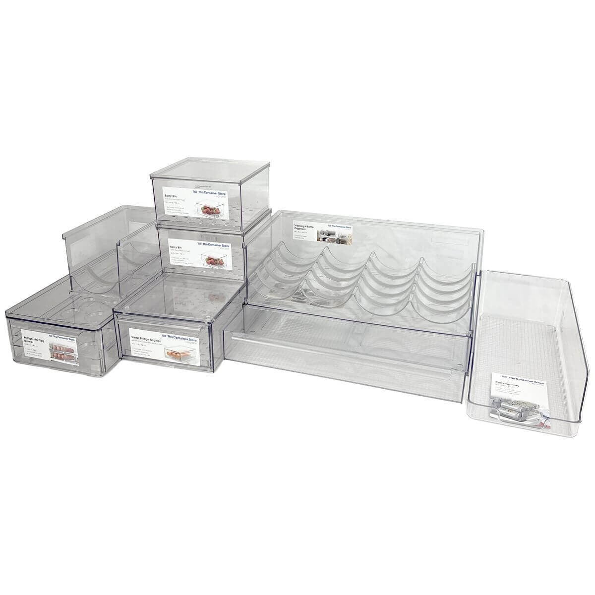 The Container Store 8 piece fridge pack 1 - Clear PET bins, egg drawer and bottle holders - VTCS-FRIDGE-P1