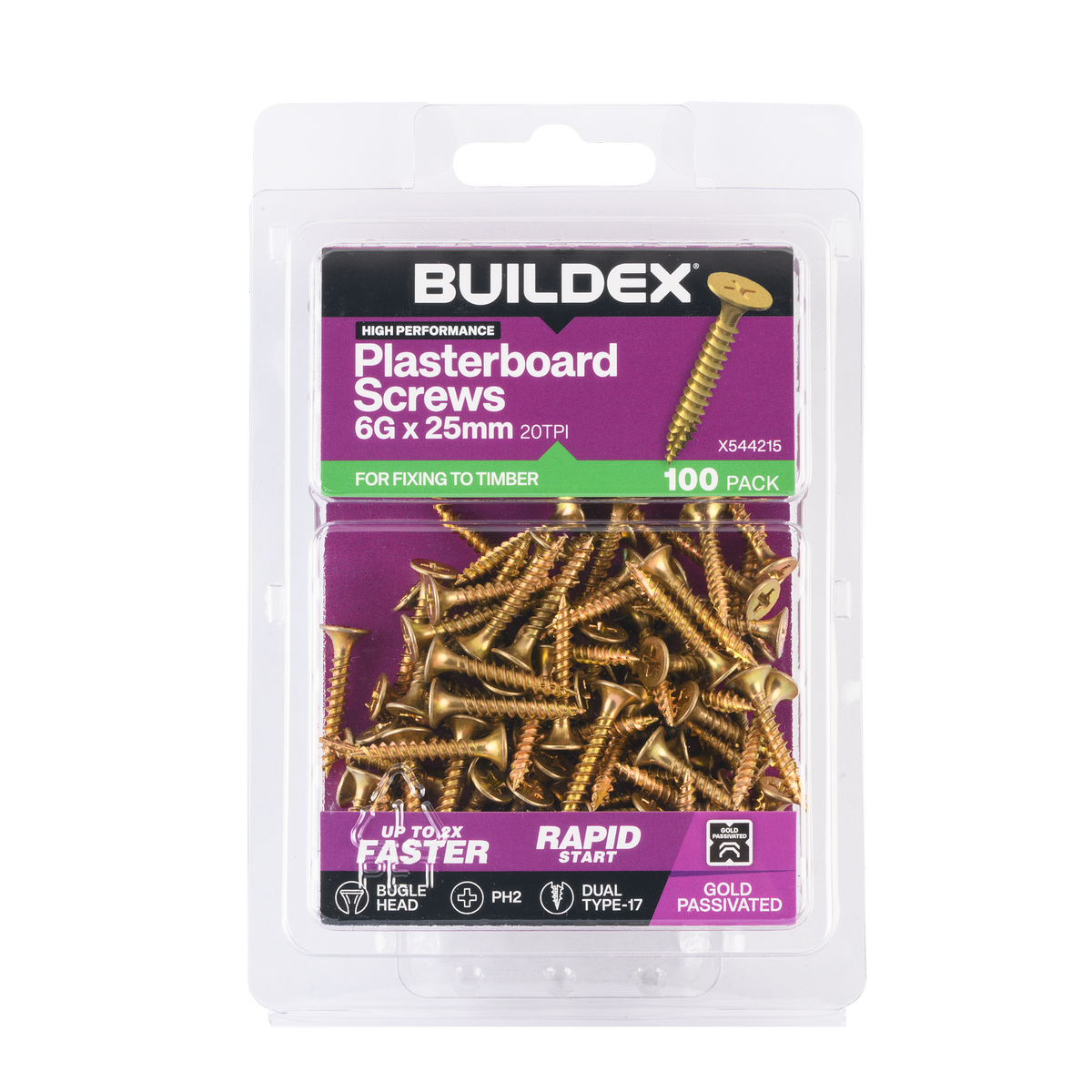 Buildex Plasterboard Screws - 6g x 25mm Gold Passivated - Dual Type 17 Tip - 100 Pack - SuperSaverAU - view 1