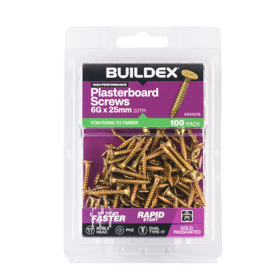 Buildex Plasterboard Screws - 6g x 25mm Gold Passivated - Dual Type 17 Tip - 100 Pack - SuperSaverAU - view 1