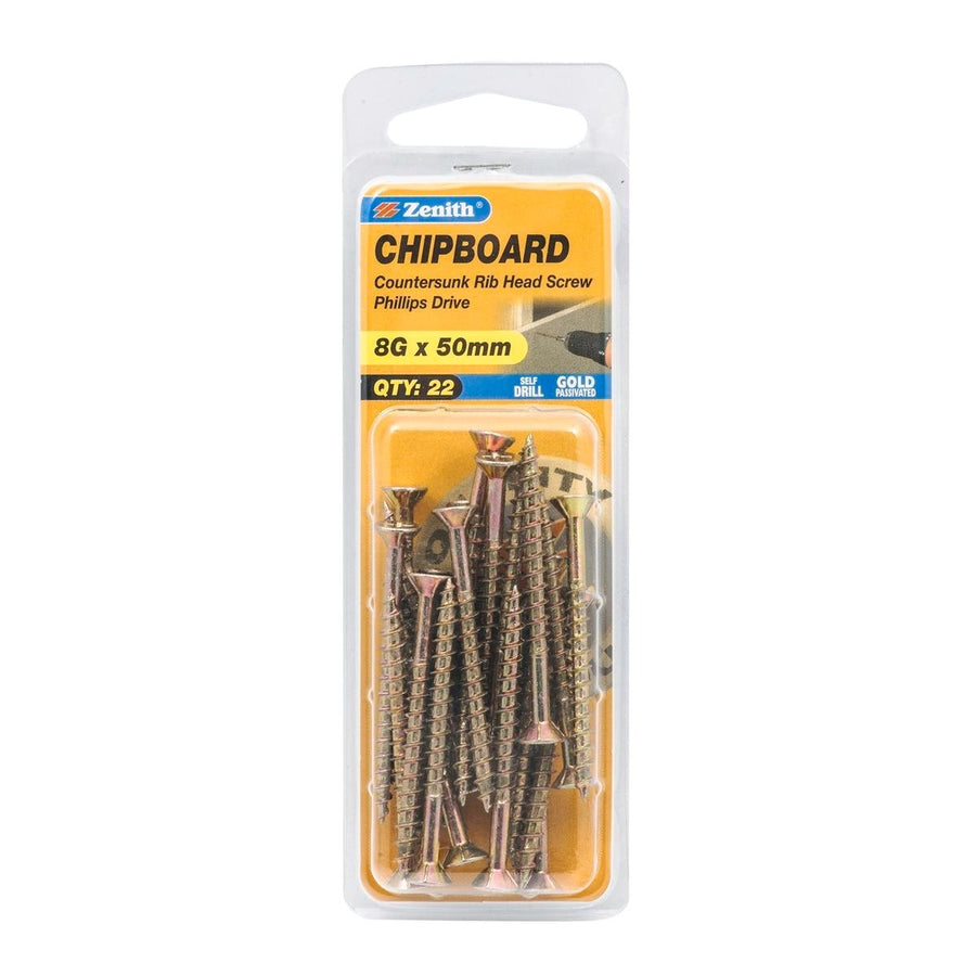Zenith 8g x 50mm Gold Passivated Countersunk Rib Head Chipboard Screws - 22 Pack - Coarse Thread - Self-Drilling - SuperSaverAU - view 1