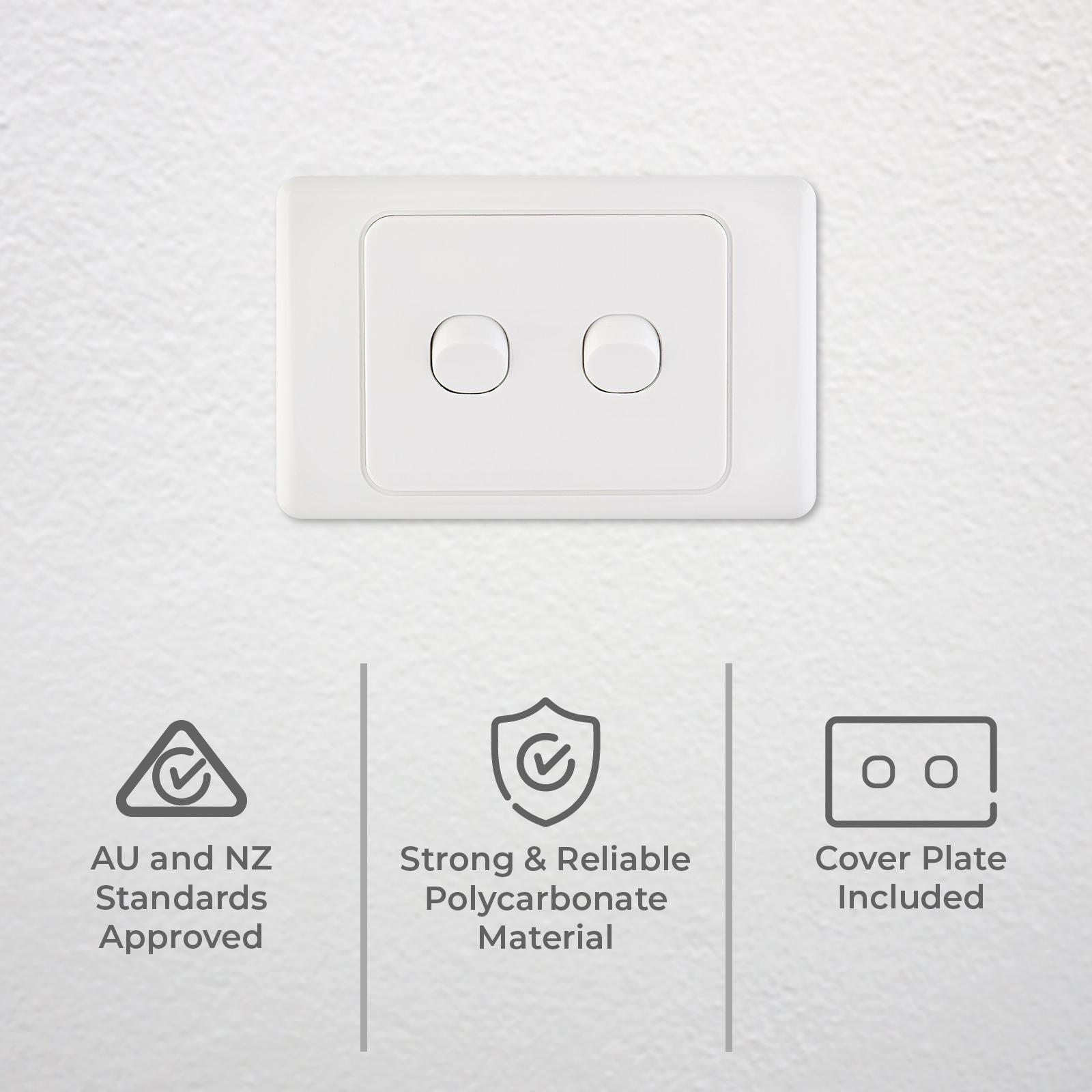 DETA White Double Switch - 2 Gang Polycarbonate Horizontal 240V