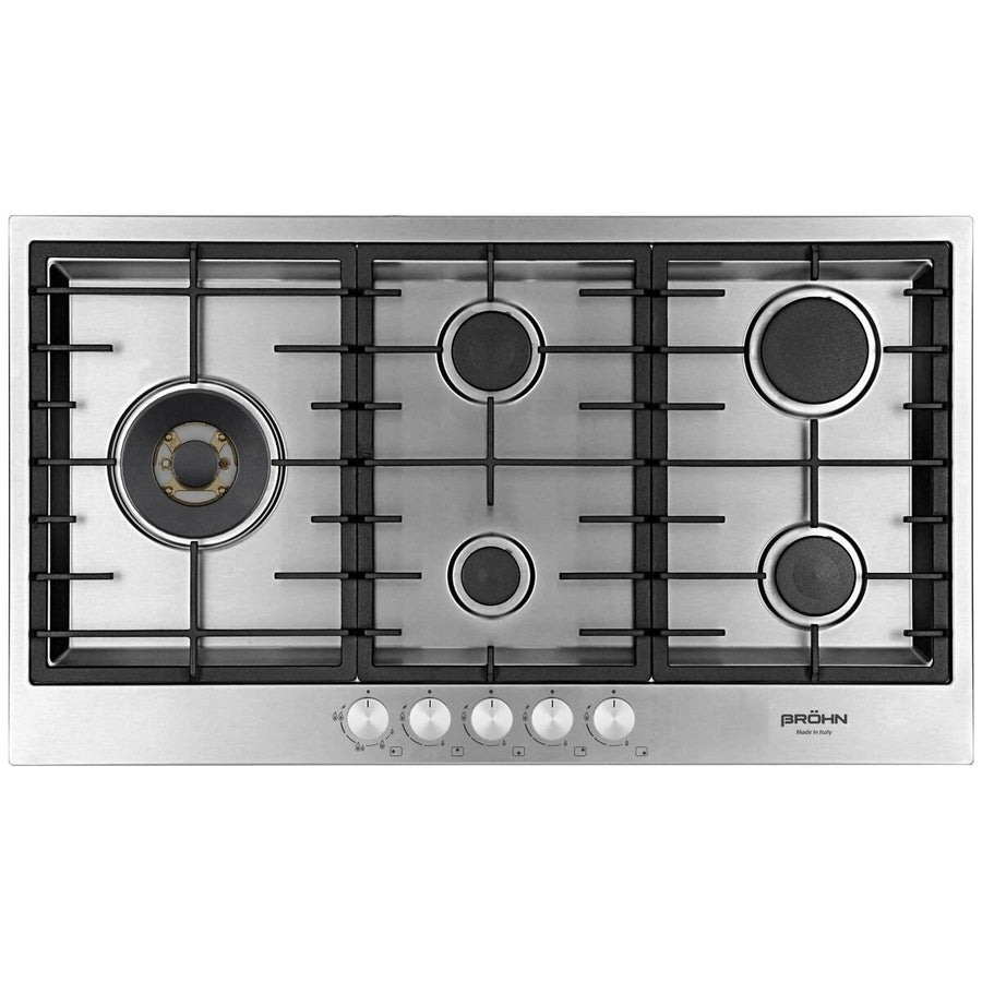 Brohn 90cm Stainless Steel Gas Cooktop - Made in Italy, 21.6MJ/h Wok Burner, Five Burners - BRGC906IT
