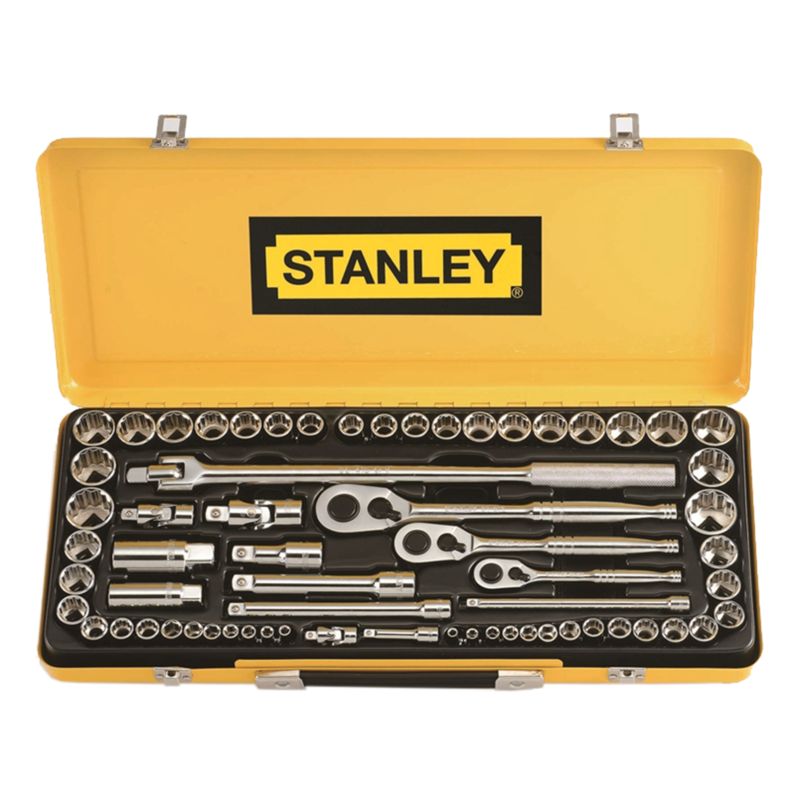 Stanley 64 Piece 1/4", 3/8" & 1/2" Drive Socket Set, Chrome Vanadium, 72-Tooth Ratchet, Case