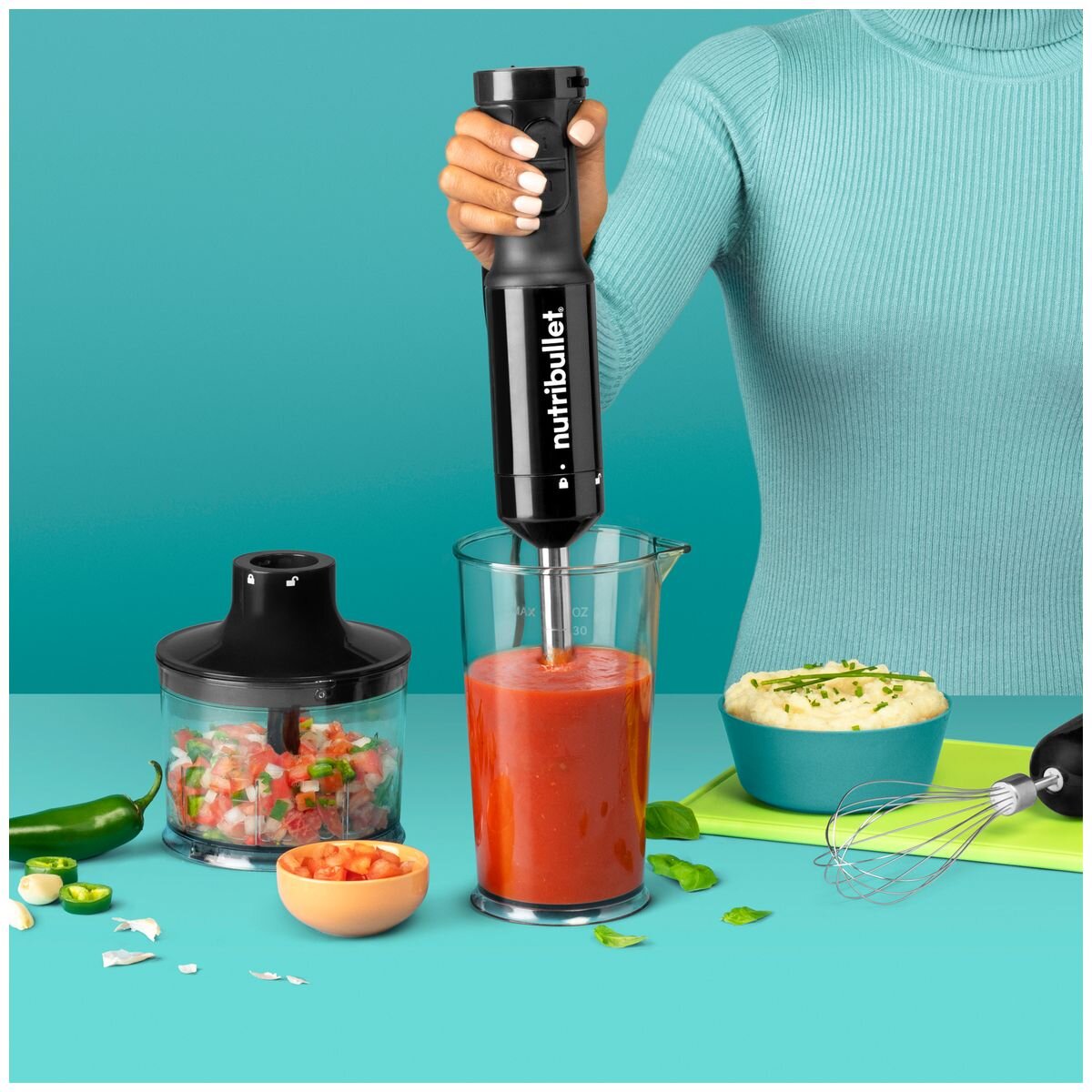 NutriBullet Immersion Blender Deluxe Set - 800W, Chopper and Whisk Attachments, 900ml Cup - NBI07110