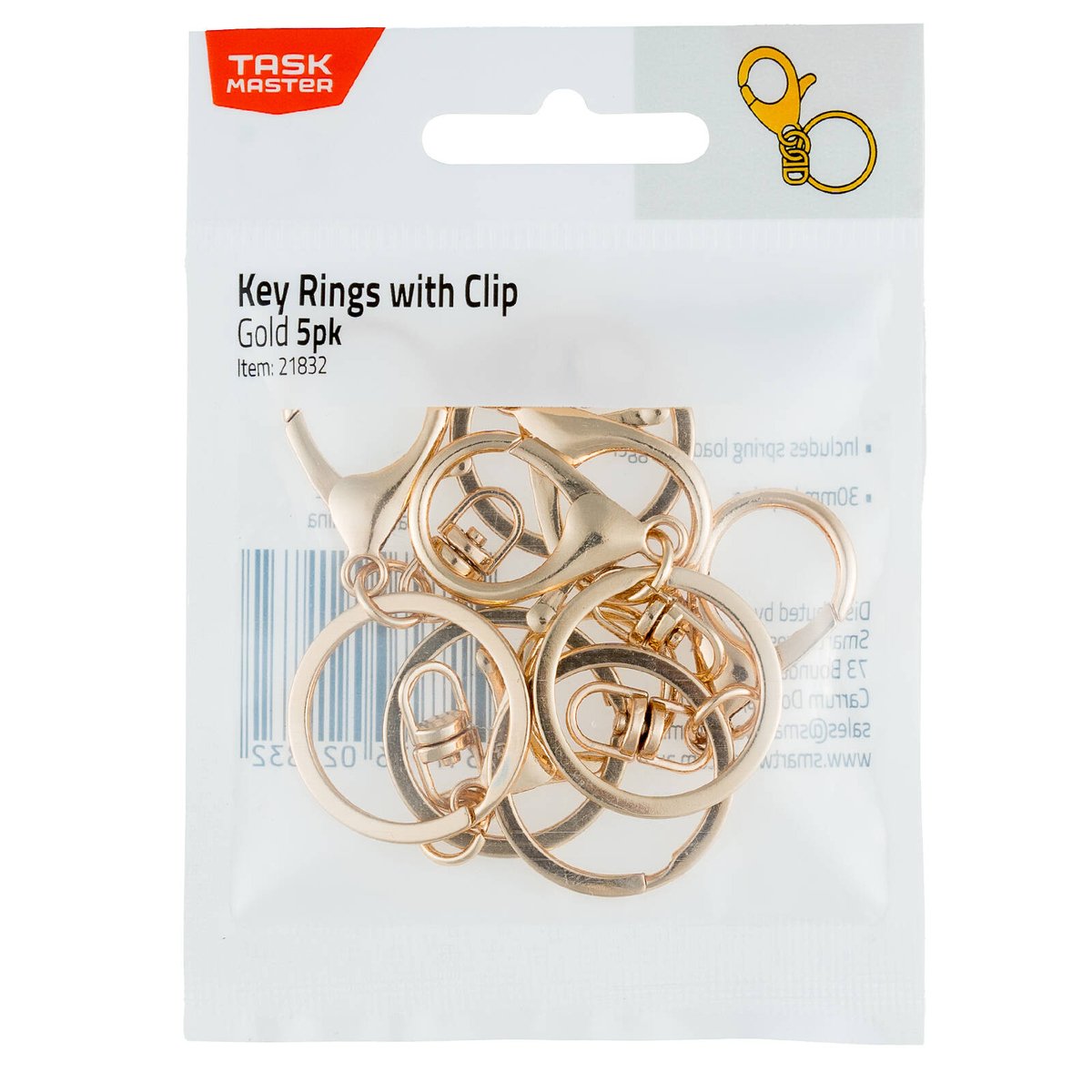 Taskmaster Gold Key Rings with Clip 5 Pack - 30mm Diameter - Gold Finish - SuperSaverAU - view 2