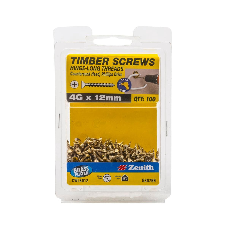 Zenith Hinge Long Thread Screws 12mm Brass Plated 100 Pack - SuperSaverAU - view 1