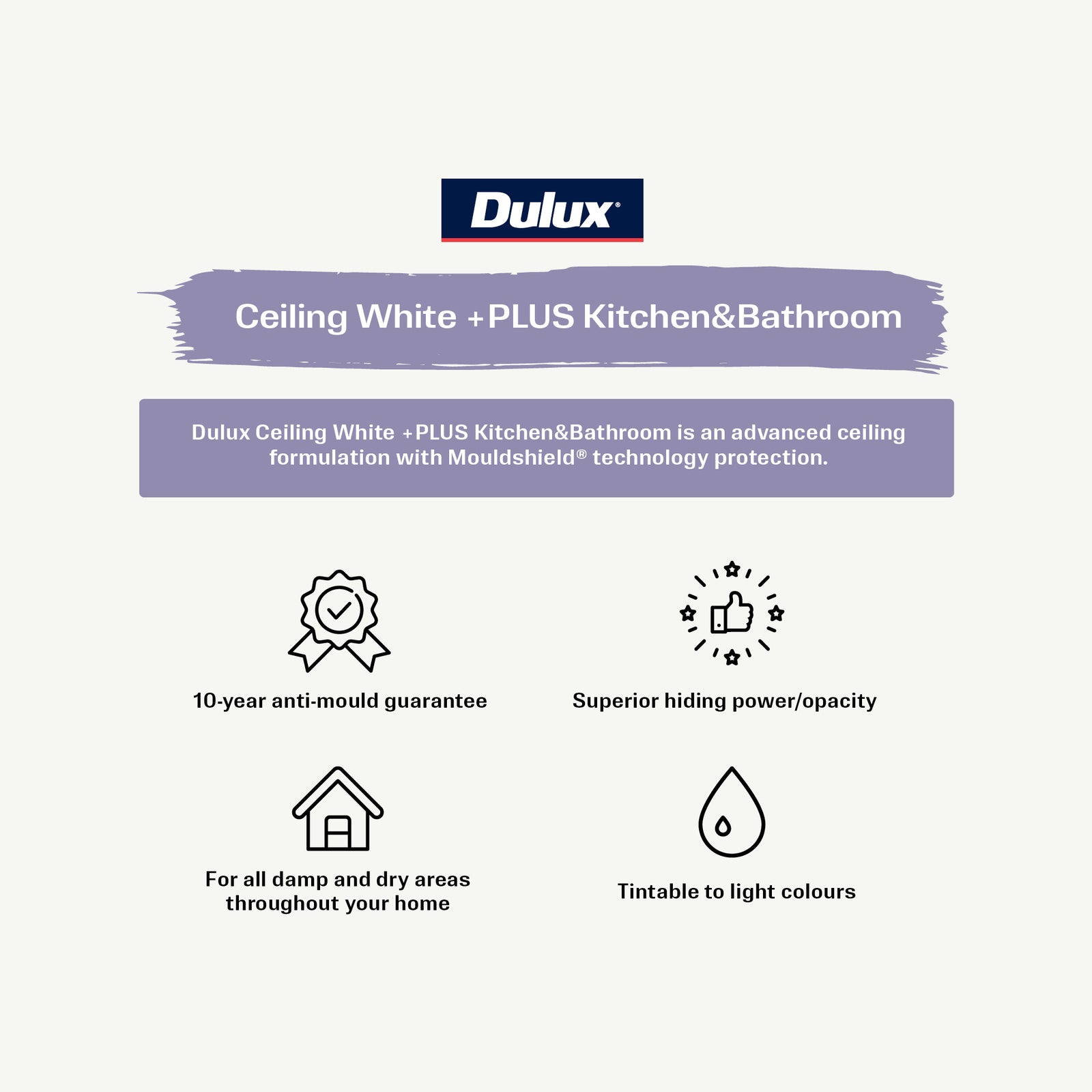 Dulux Ceiling White +PLUS Kitchen & Bathroom Paint 1L Flat Water-Based