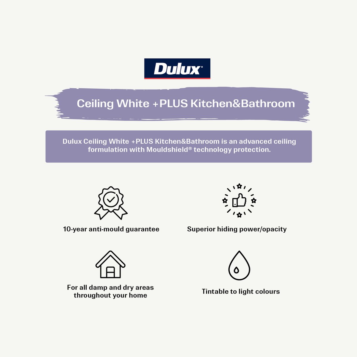 Dulux White Ceiling Plus Kitchen and Bathroom Paint 1L - 1.574kg - Mouldshield Protection - Flat Finish - SuperSaverAU - view 2