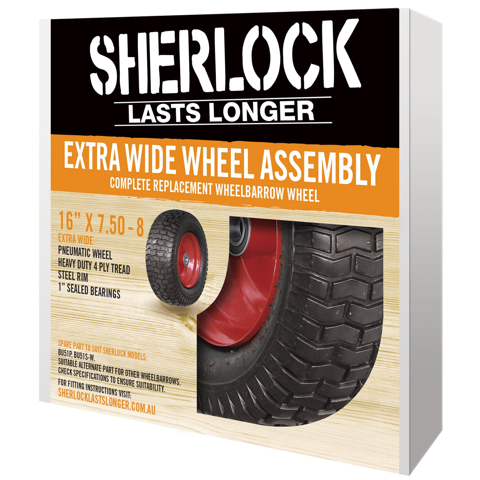 Sherlock Extra Wide Wheelbarrow Wheel, 16x7.50-8, Steel Rim, Pneumatic Rubber Tyre