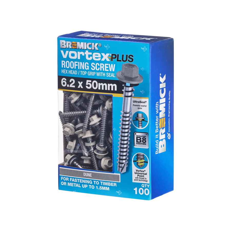 Bremick Vortex Plus Roofing Screw 6.2 x 50mm - Hex B8 - Dune - Box of 100 - SuperSaverAU - view 1