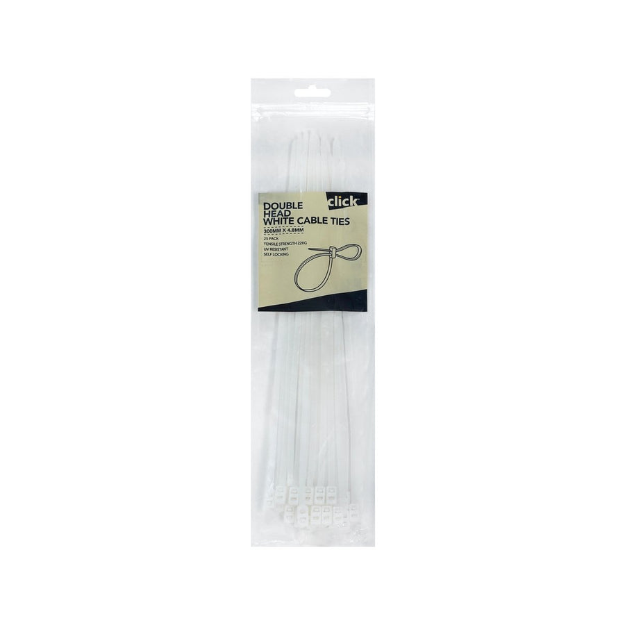 Click 300mm Double Headed Cable Tie 25 Pack - UV Resistant - White - SuperSaverAU - view 1