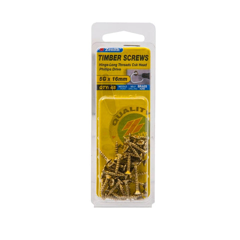 Zenith Hinge Long Thread Screws - 5g x 16mm - Brass Plated - 45 Pack - SuperSaverAU - view 1
