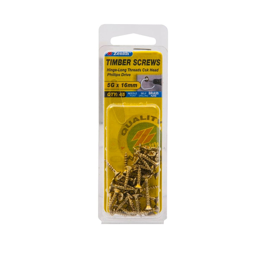 Zenith Hinge Long Thread Screws - 5g x 16mm - Brass Plated - 45 Pack - SuperSaverAU - view 1