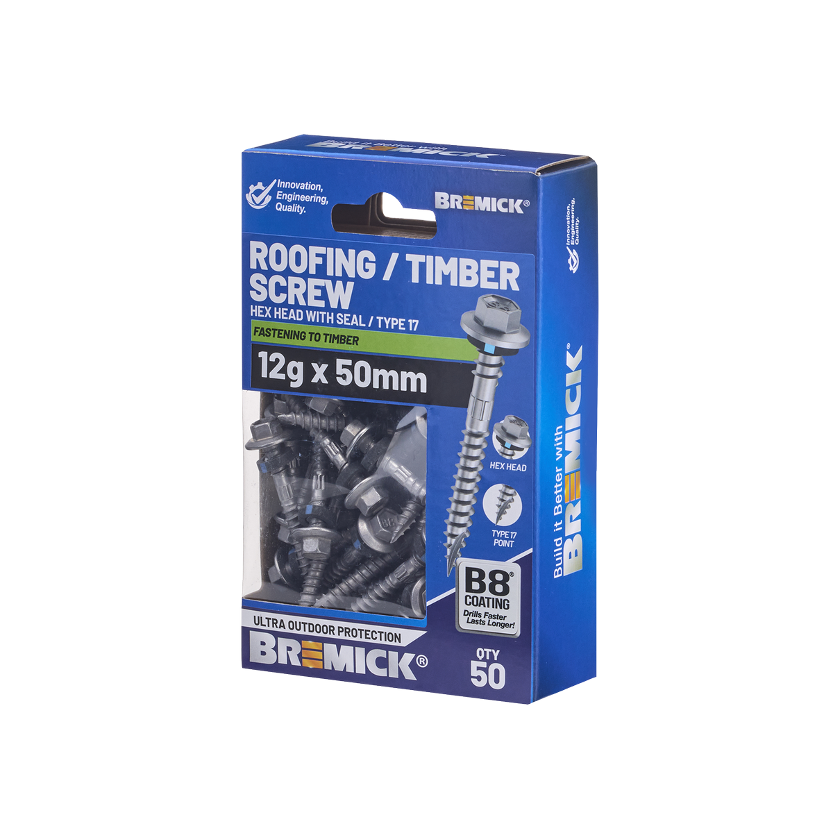 Bremick Hex Roofing Screw 12g x 50mm - B8 Coating - Pack of 50 - Watertight Connection - SuperSaverAU - view 1