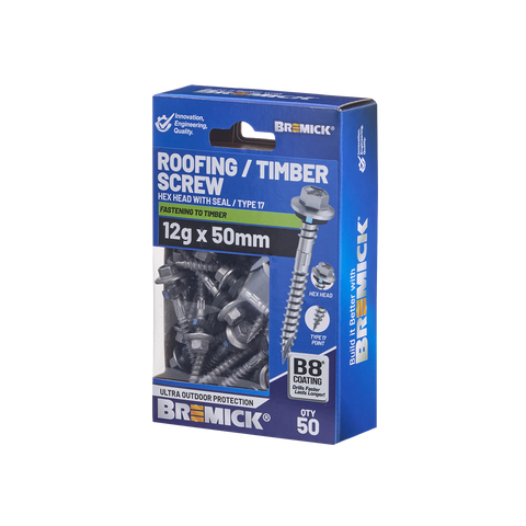 Bremick Hex Roofing Screw 12g x 50mm - B8 Coating - Pack of 50 - Watertight Connection - SuperSaverAU - view 1