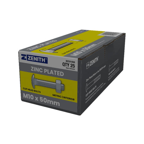 Zenith M10 x 50mm Zinc Plated Cup Head Bolts Nuts 25 Pack - Reliable Fastening - SuperSaverAU - view 1