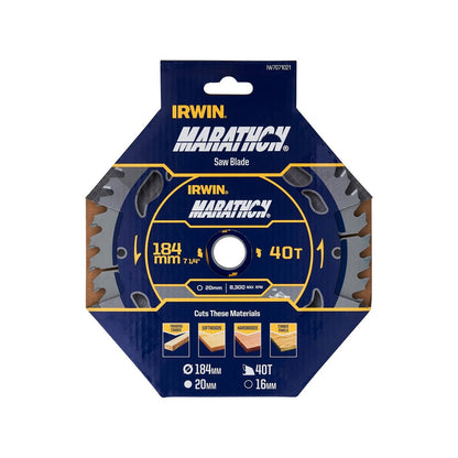 Irwin 184mm 40t Marathon Circular Saw Blade - Tungsten Carbide - Durable