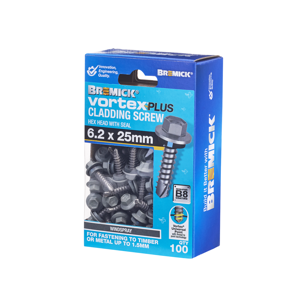 Bremick Vortex Plus Cladding Screw 6.2 x 25mm - Hex Head - Box of 100 - B8 Coating - Watertight Connection - SuperSaverAU - view 1