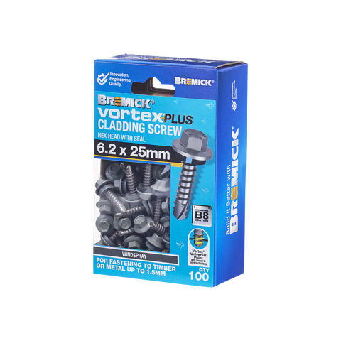 Bremick Vortex Plus Cladding Screw 6.2 x 25mm - Hex Head - Box of 100 - B8 Coating - Watertight Connection - SuperSaverAU - view 1